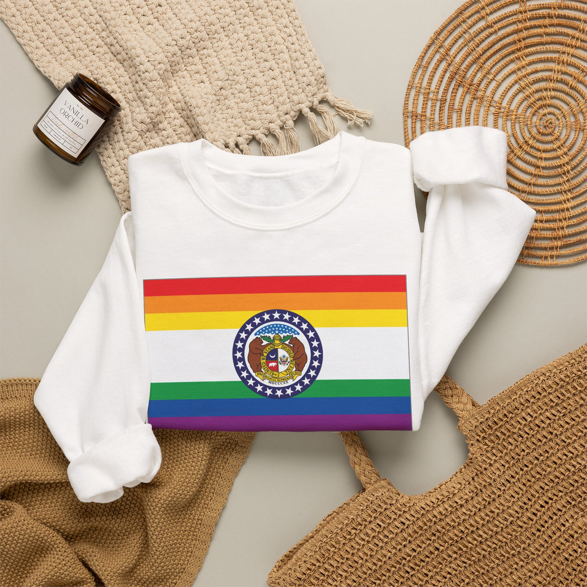 Missouri Rainbow Pride Flag Unisex Crewneck Sweatshirt, White, Black or Light Pink