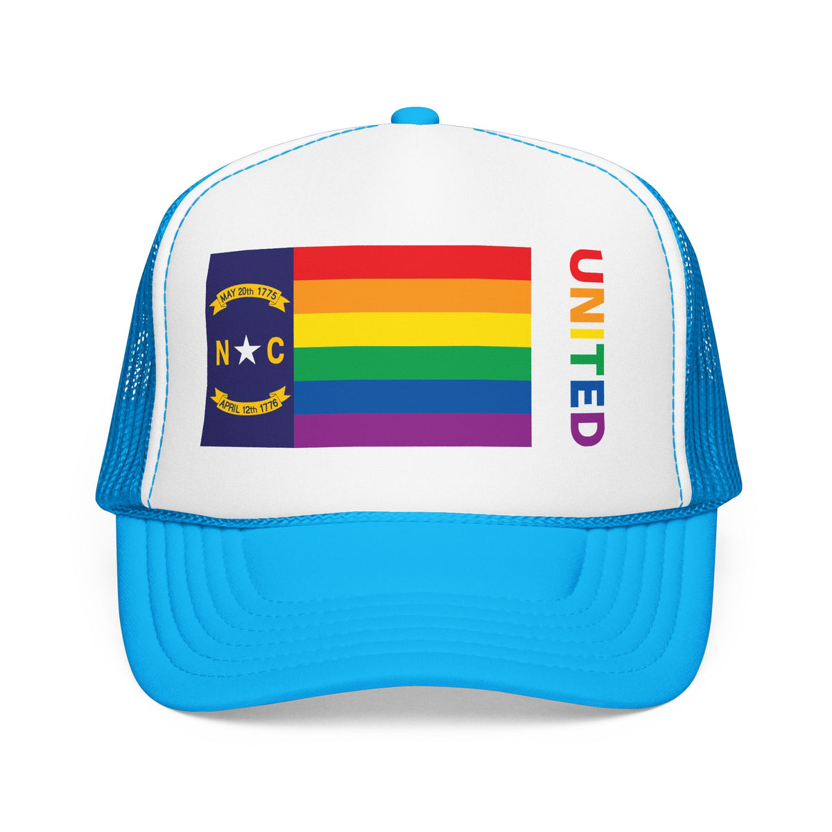 North Carolina Rainbow Pride Flag "UNITED" Printed Foam Trucker Hat, Several Color Options