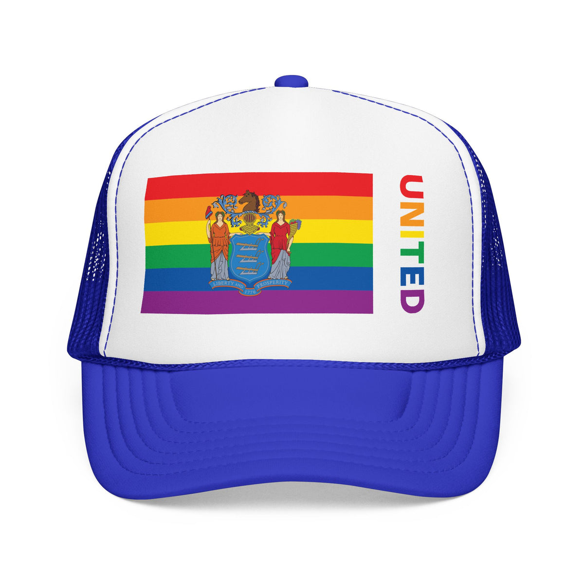 New Jersey Rainbow Pride Flag "UNITED" Printed Foam Trucker Hat, Several Color Options