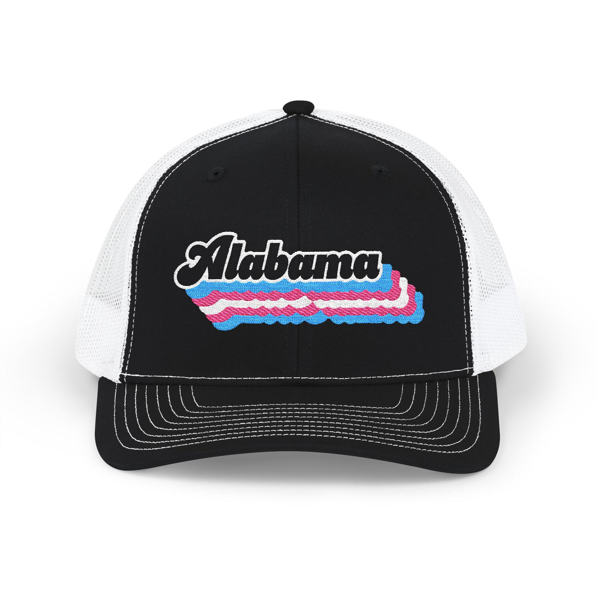 Alabama Transgender Pride Stack Embroidered Trucker, Snapback Trucker Cap, Black front with White mesh in back