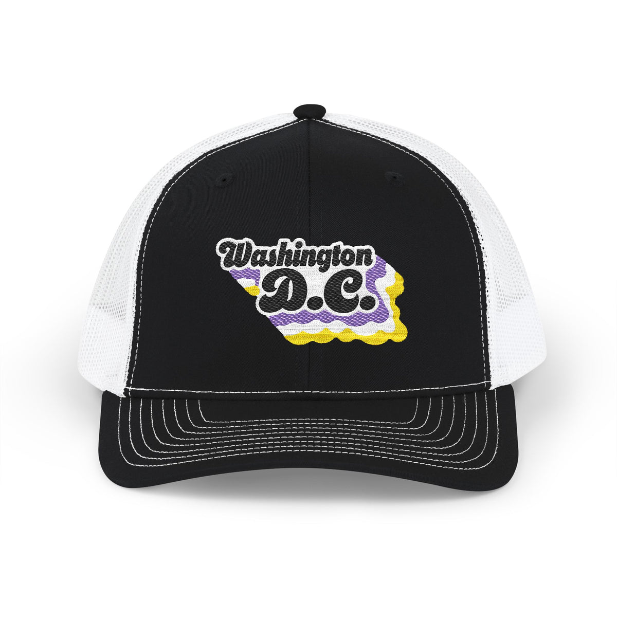 Washington, D.C. Non-binary Pride Stack Embroidered Trucker, Snapback Trucker Cap, Black front with White mesh in back