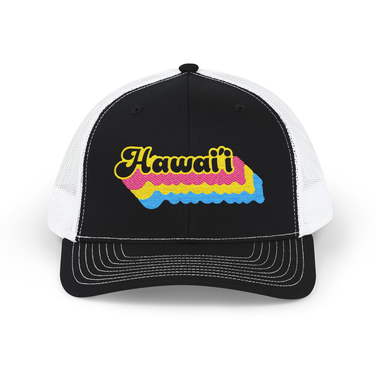 Hawai'i Pansexual Pride Stack Embroidered Trucker, Snapback Trucker Cap, Black front with White mesh in back