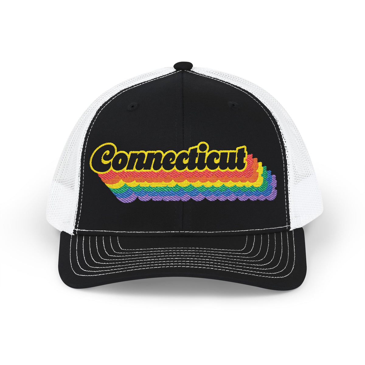 Connecticut Retro Rainbow Stack Embroidered Trucker, Snapback Trucker Cap, Black front with White mesh in back