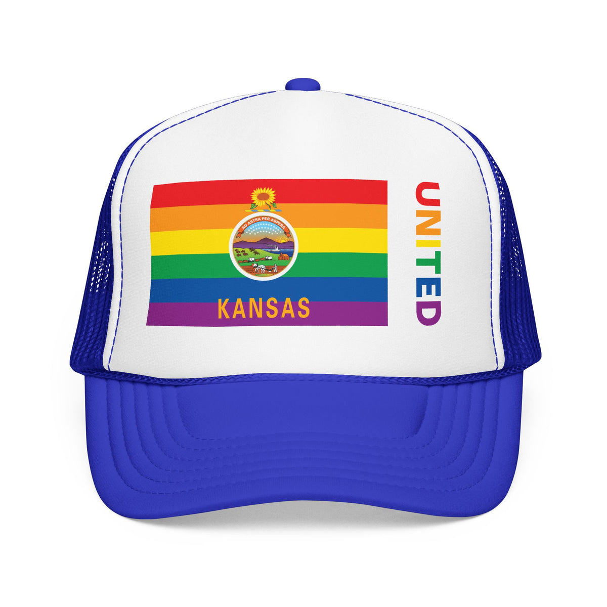 Kansas Rainbow Pride Flag "UNITED" Printed Foam Trucker Hat, Several Color Options