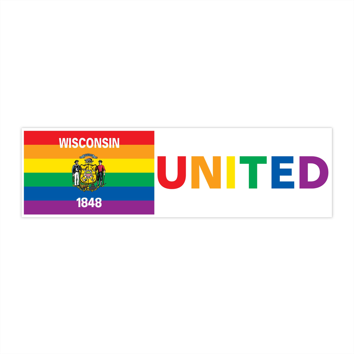 Wisconsin Rainbow Pride Flag "UNITED" Bumper Sticker