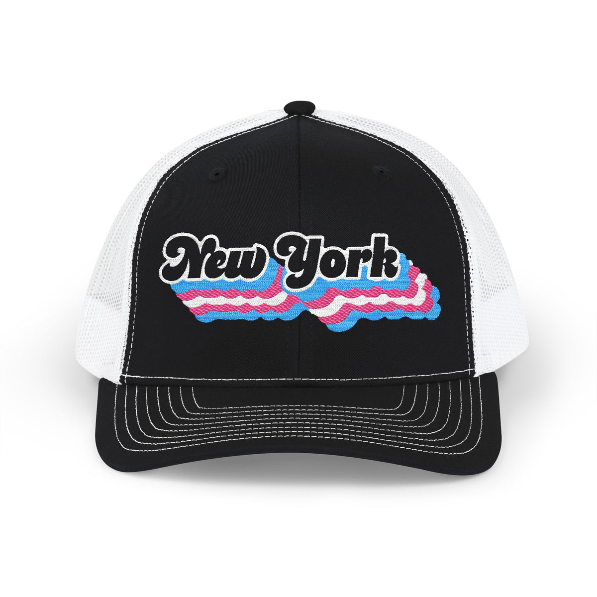 New York Transgender Pride Stack Embroidered Trucker, Snapback Trucker Cap, Black front with White mesh in back