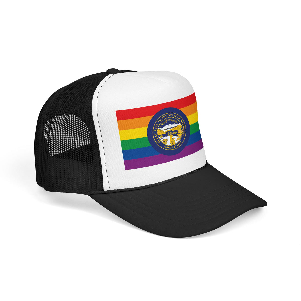 Nebraska Rainbow Pride Flag "UNITED" Printed Foam Trucker Hat, Several Color Options