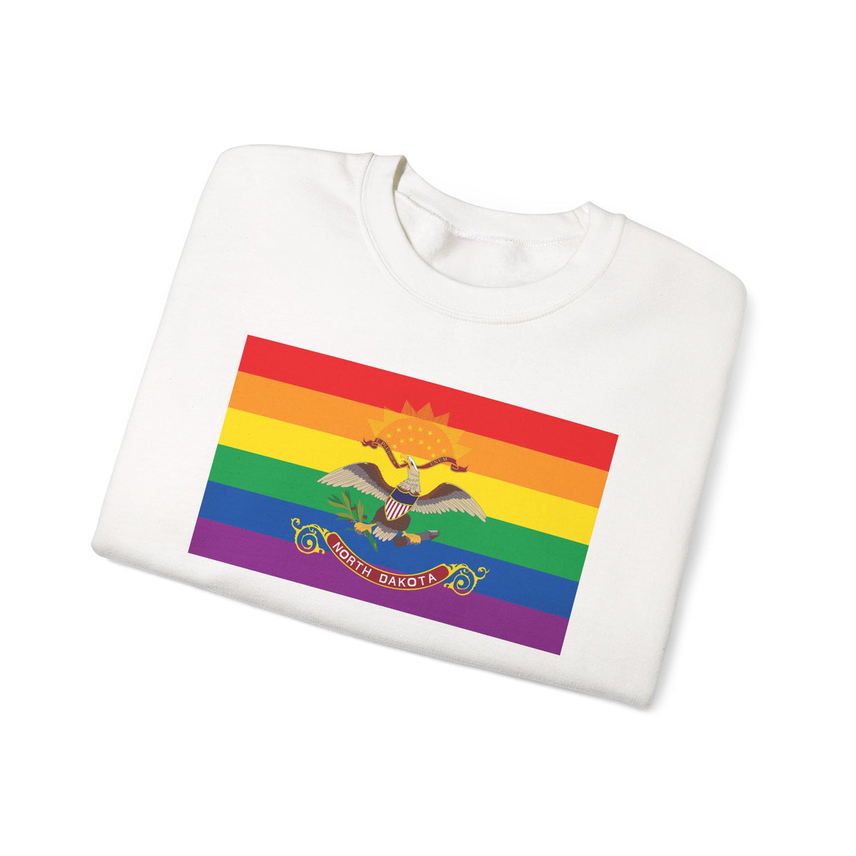 North Dakota Rainbow Pride Flag Unisex Crewneck Sweatshirt, White, Black or Light Pink