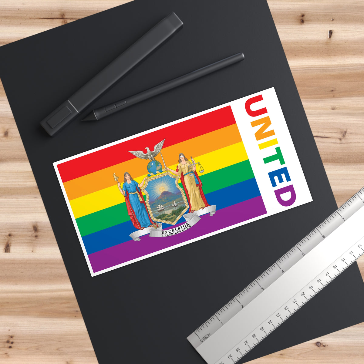 New York Rainbow Pride Flag "UNITED" Bumper Sticker