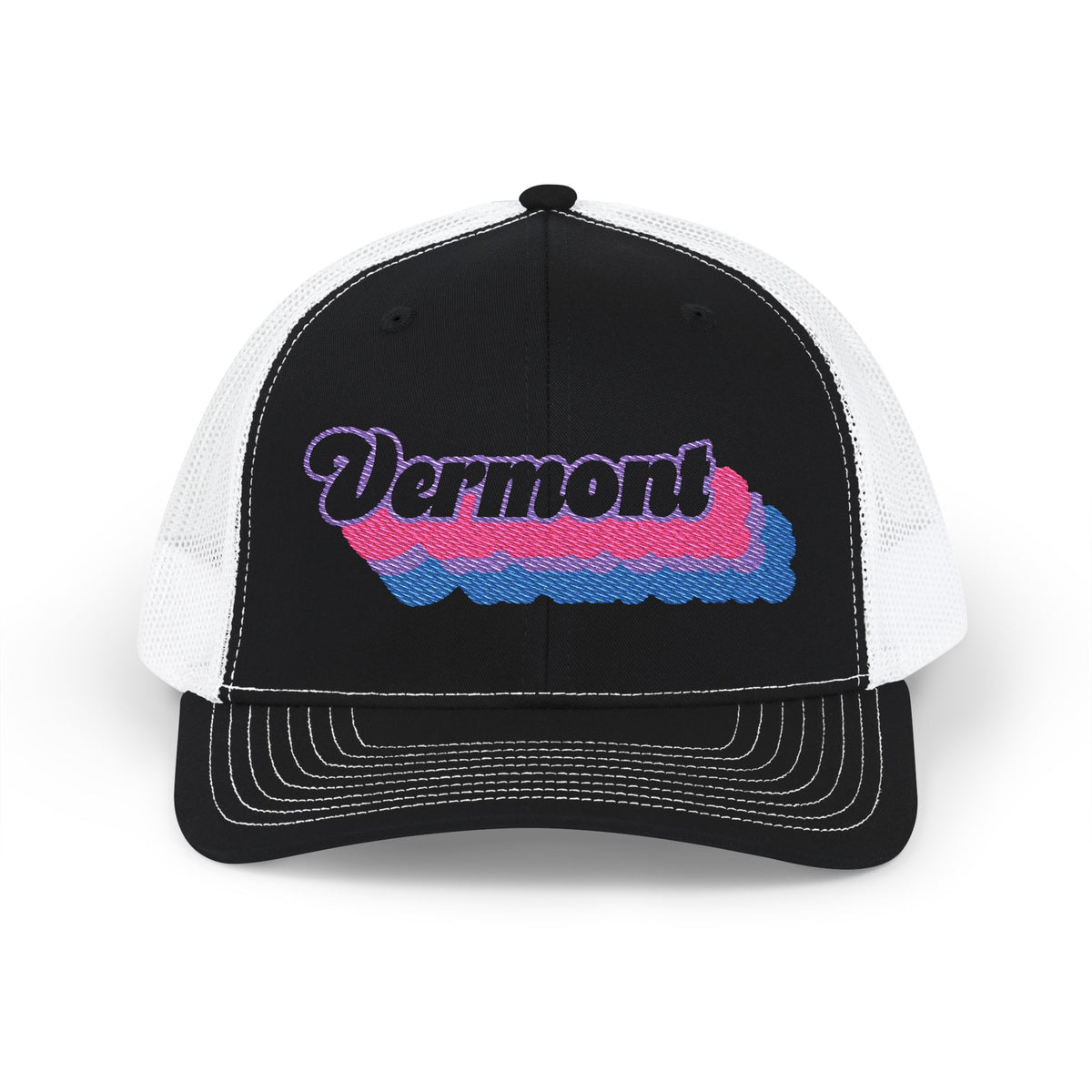 Vermont Bisexual Pride Stack Embroidered Trucker, Snapback Trucker Cap, Black front with White mesh in back