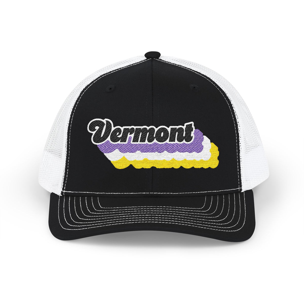 Vermont Non-binary Pride Stack Embroidered Trucker, Snapback Trucker Cap, Black front with White mesh in back