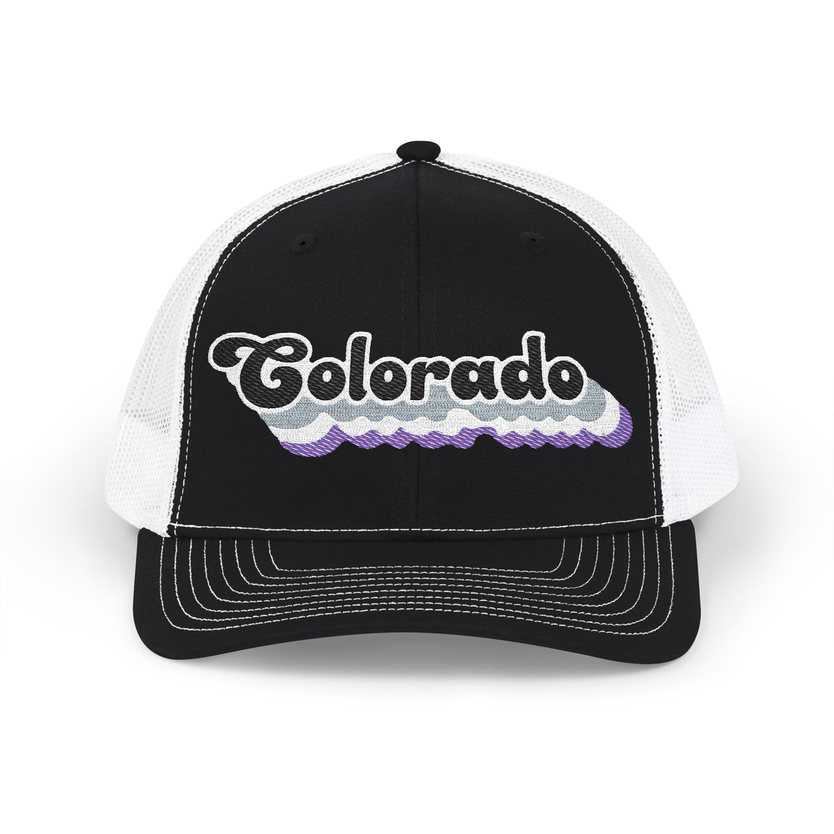 Colorado Asexual Pride Stack Embroidered Trucker, Snapback Trucker Cap, Black front with White mesh in back