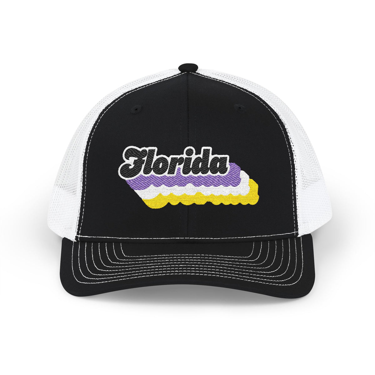 Florida Non-binary Pride Stack Embroidered Trucker, Snapback Trucker Cap, Black front with White mesh in back
