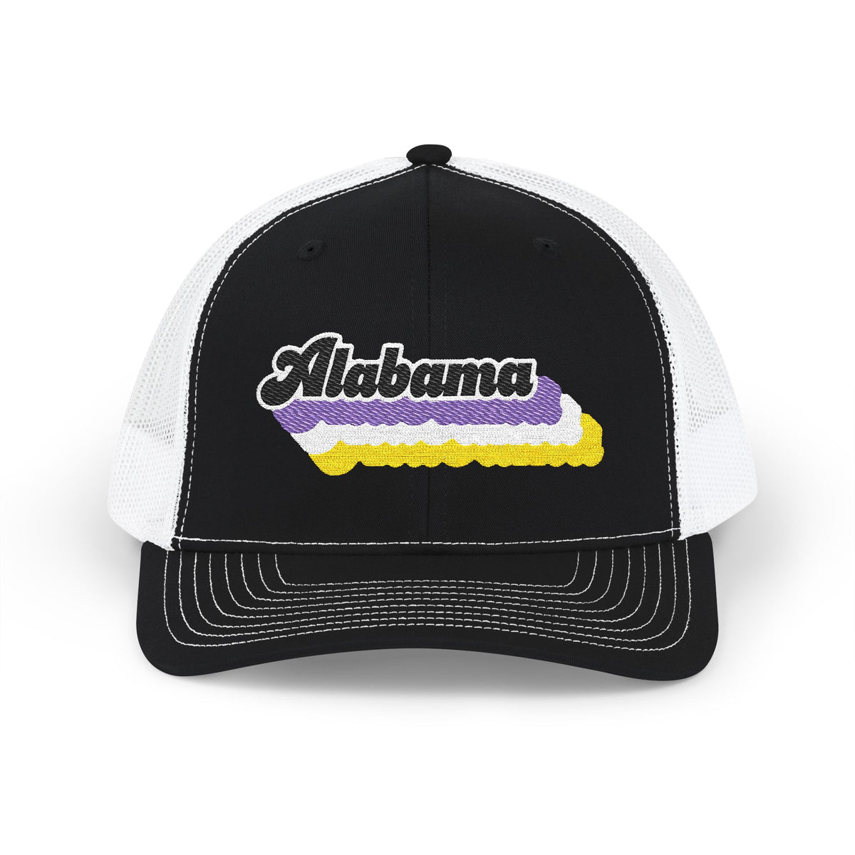 Alabama Non-binary Pride Stack Embroidered Trucker, Snapback Trucker Cap, Black front with White mesh in back