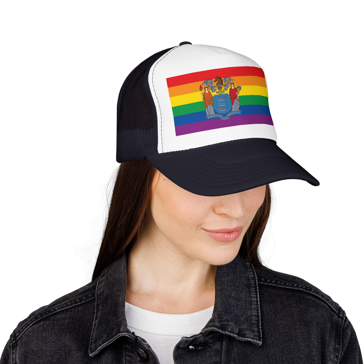 New Jersey Rainbow Pride Flag "UNITED" Printed Foam Trucker Hat, Several Color Options