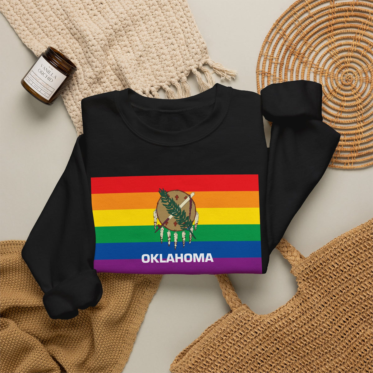 Oklahoma Rainbow Pride Flag Unisex Crewneck Sweatshirt, White, Black or Light Pink
