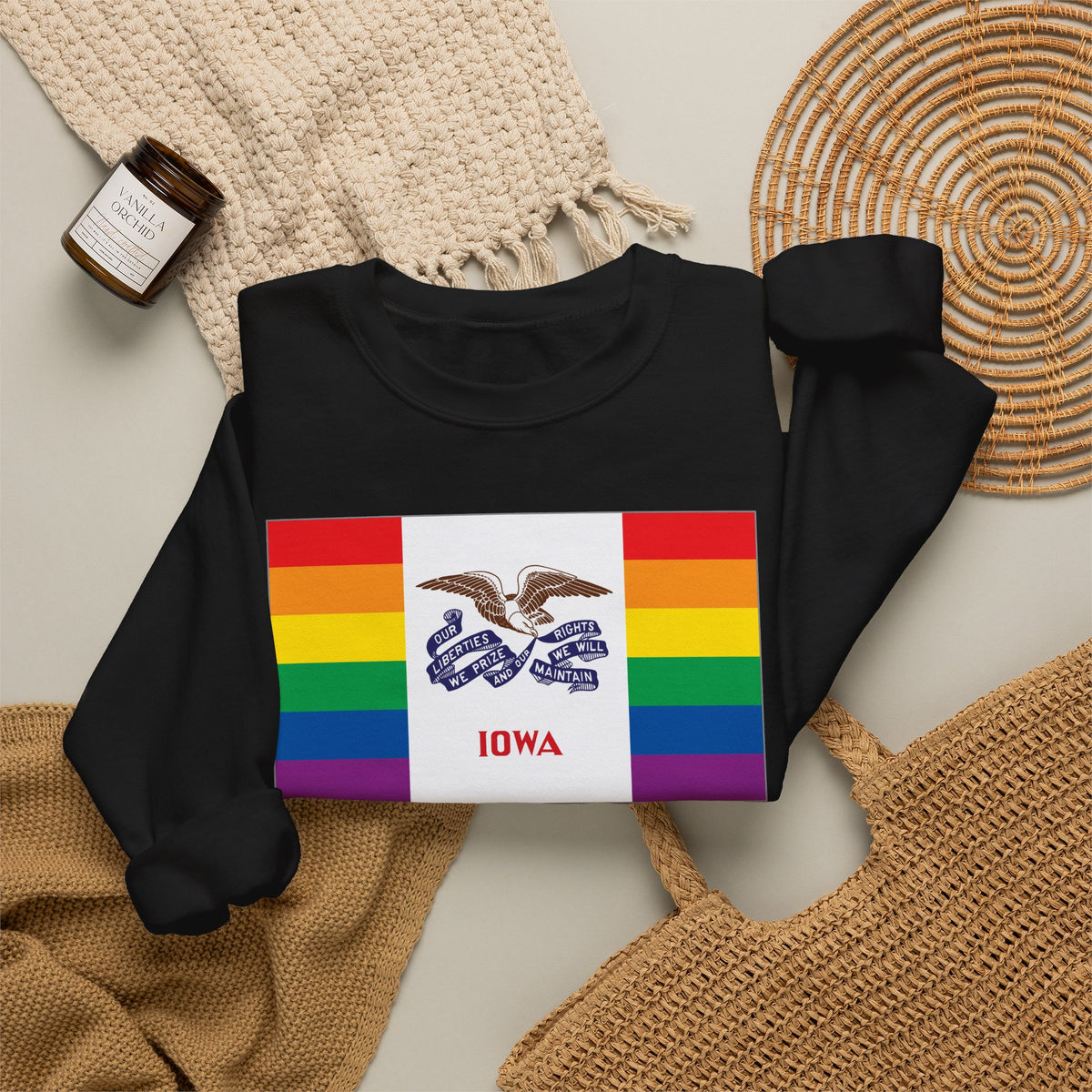 Iowa Rainbow Pride Flag Unisex Crewneck Sweatshirt, White, Black or Light Pink