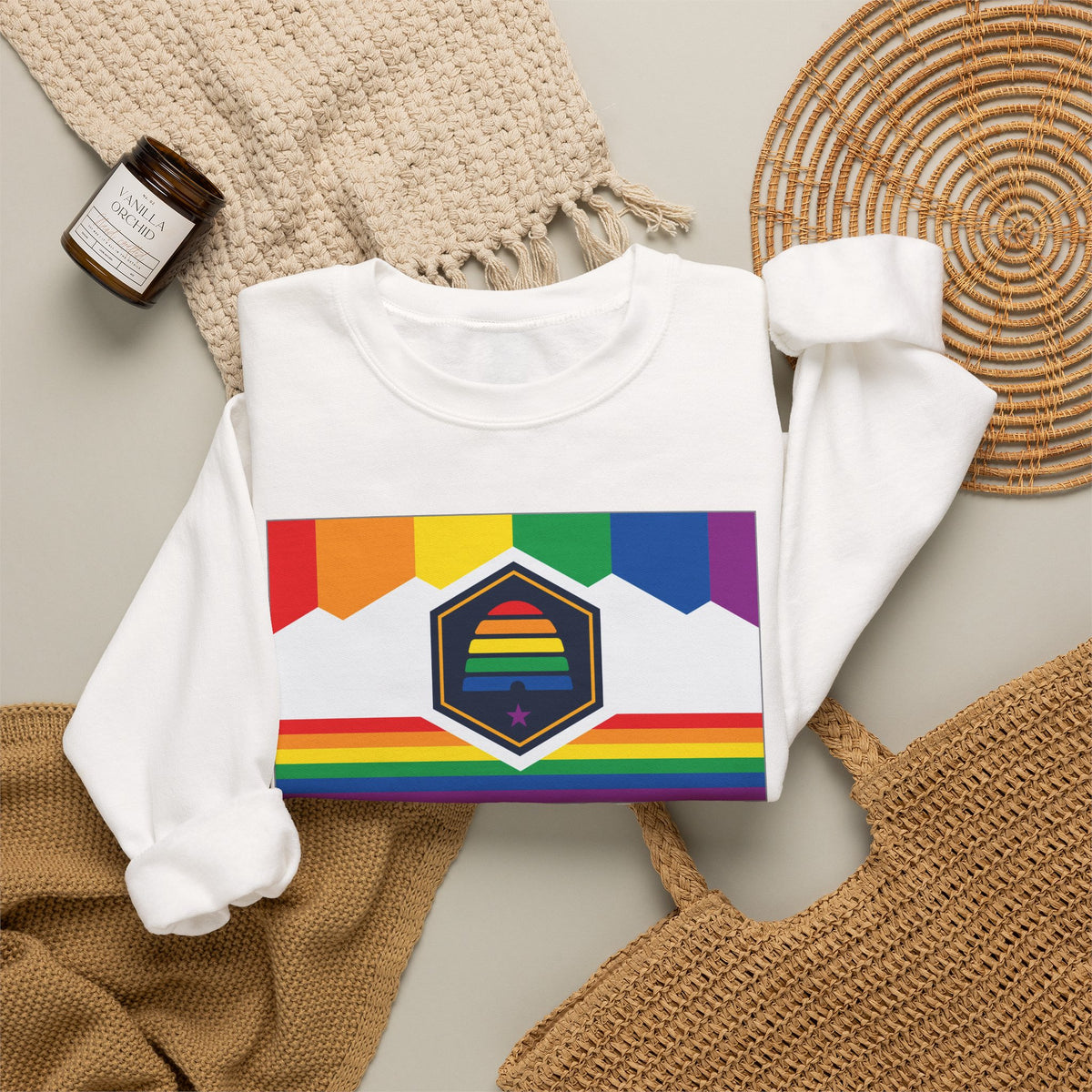 Utah Rainbow Pride Flag Unisex Crewneck Sweatshirt, White, Black or Light Pink