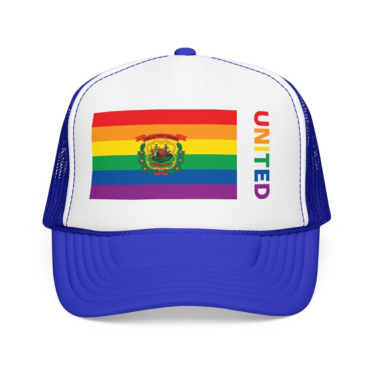 West Virginia Rainbow Pride Flag "UNITED" Printed Foam Trucker Hat, Several Color Options