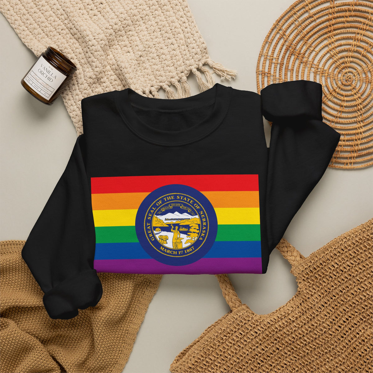 Nebraska Rainbow Pride Flag Unisex Crewneck Sweatshirt, White, Black or Light Pink
