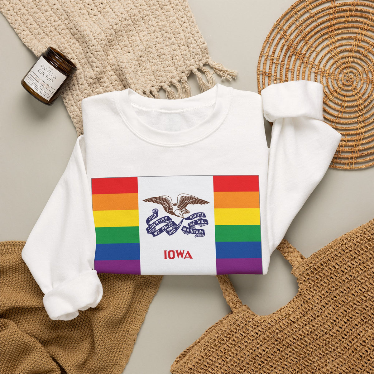 Iowa Rainbow Pride Flag Unisex Crewneck Sweatshirt, White, Black or Light Pink
