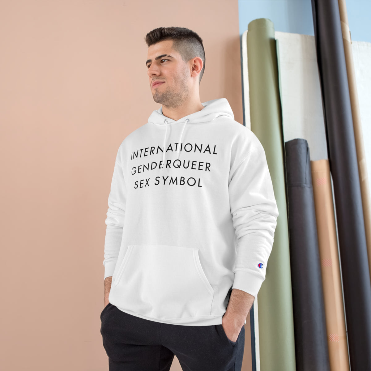 International GenderQueer Sex Symbol Hoodie (Champion®) - White and Light Steel with Black Deco