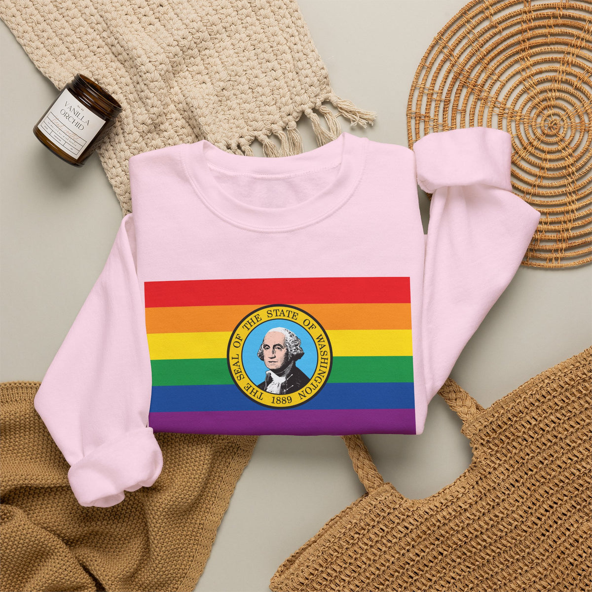 Washington Rainbow Pride Flag Unisex Crewneck Sweatshirt, White, Black or Light Pink