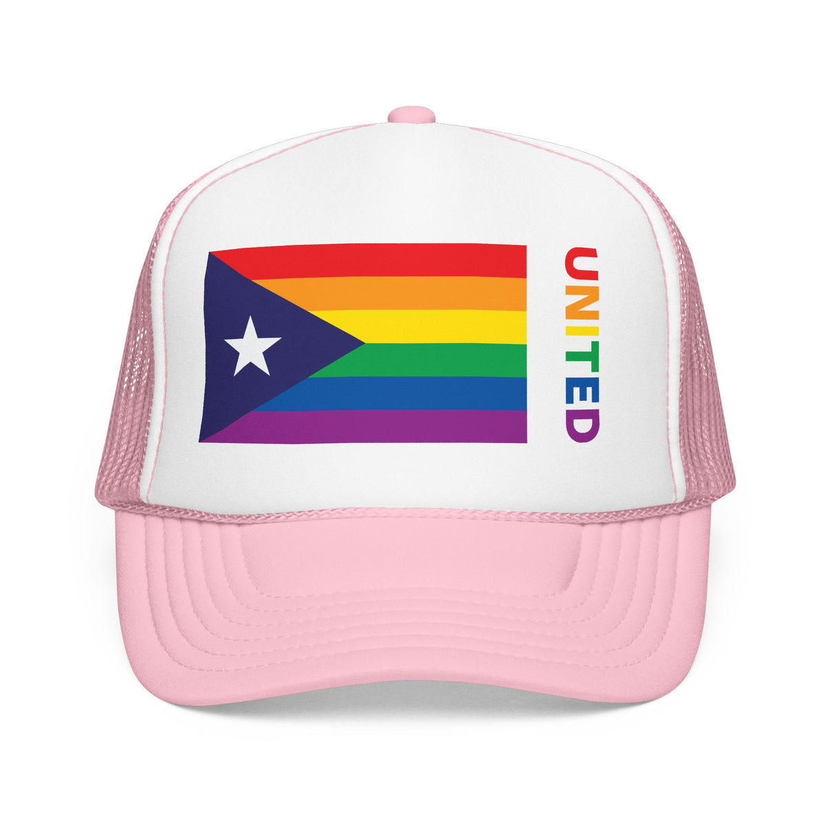 Puerto Rico Rainbow Pride Flag "UNITED" Printed Foam Trucker Hat, Several Color Options