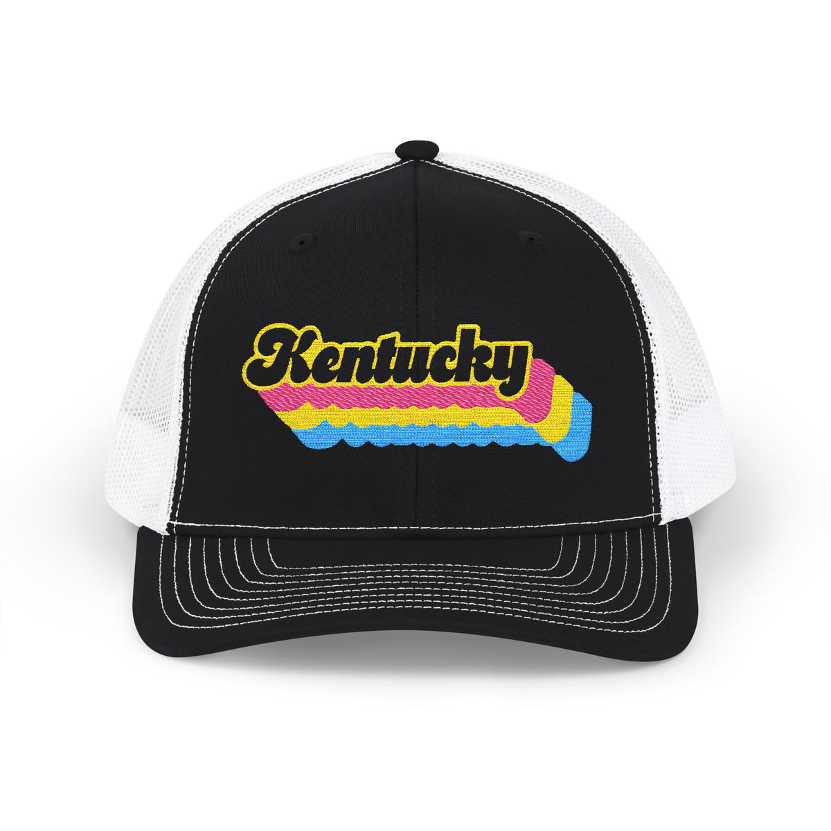 Kentucky Pansexual Pride Stack Embroidered Trucker, Snapback Trucker Cap, Black front with White mesh in back