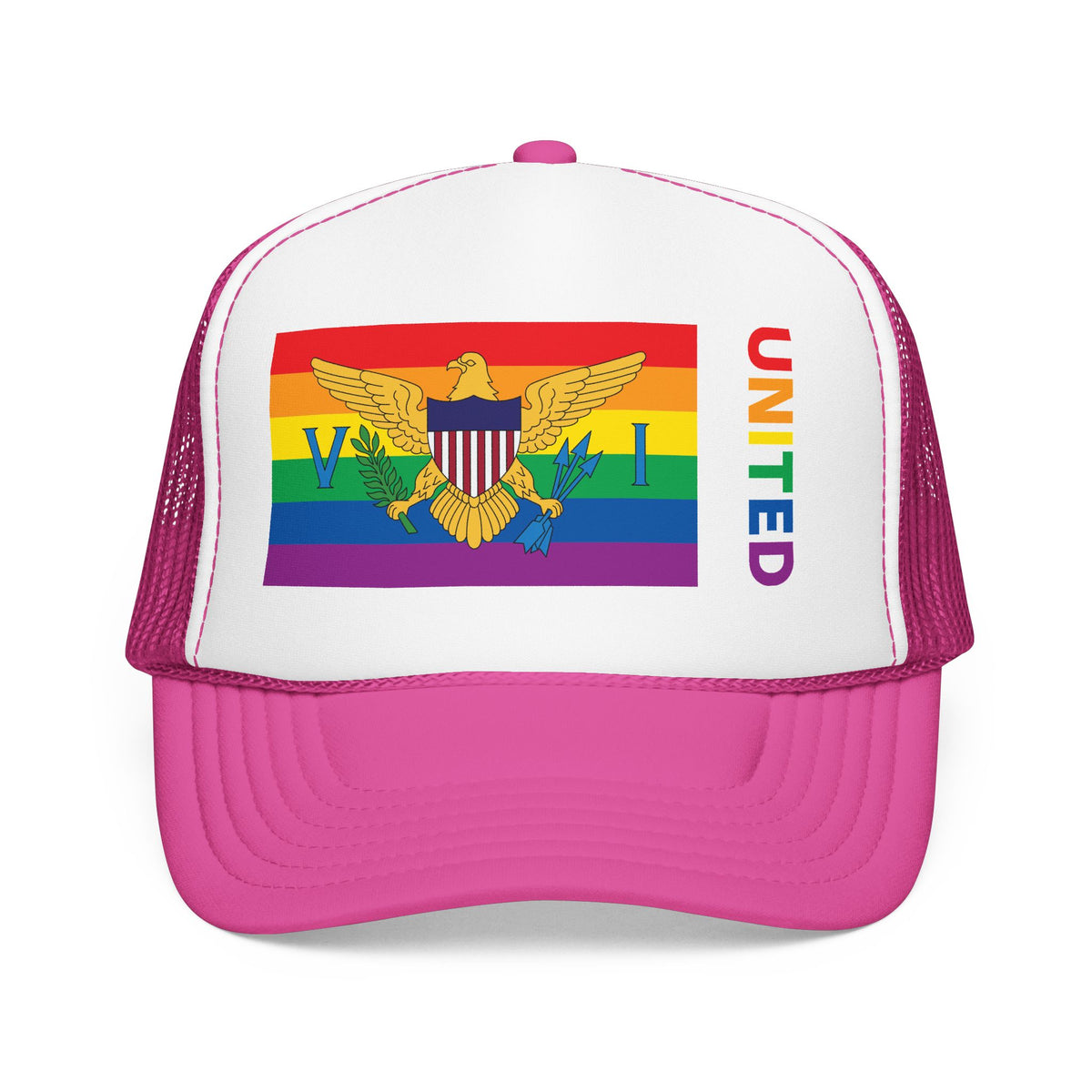 U.S. Virgin Islands Rainbow Pride Flag "UNITED" Printed Foam Trucker Hat, Several Color Options