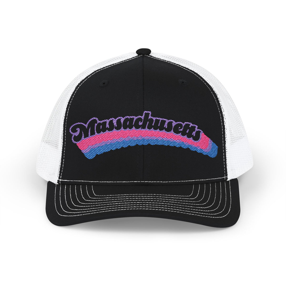 Massachusetts Bisexual Pride Stack Embroidered Trucker, Snapback Trucker Cap, Black front with White mesh in back