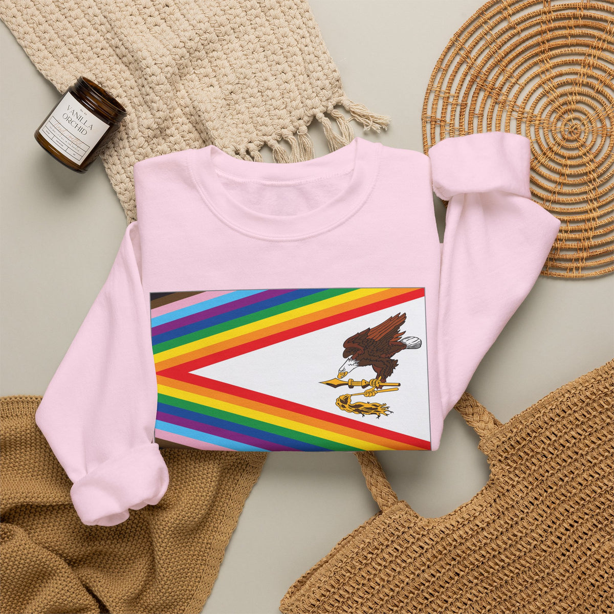 American Samoa Rainbow Pride Flag Unisex Crewneck Sweatshirt, White, Black or Light Pink