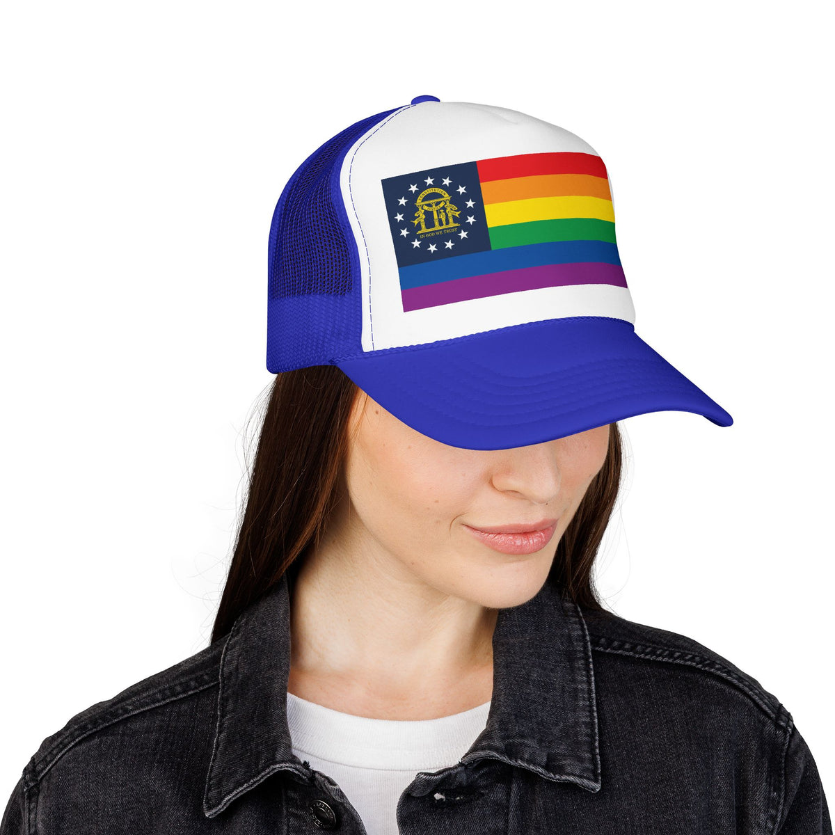 Georgia Rainbow Pride Flag "UNITED" Printed Foam Trucker Hat, Several Color Options