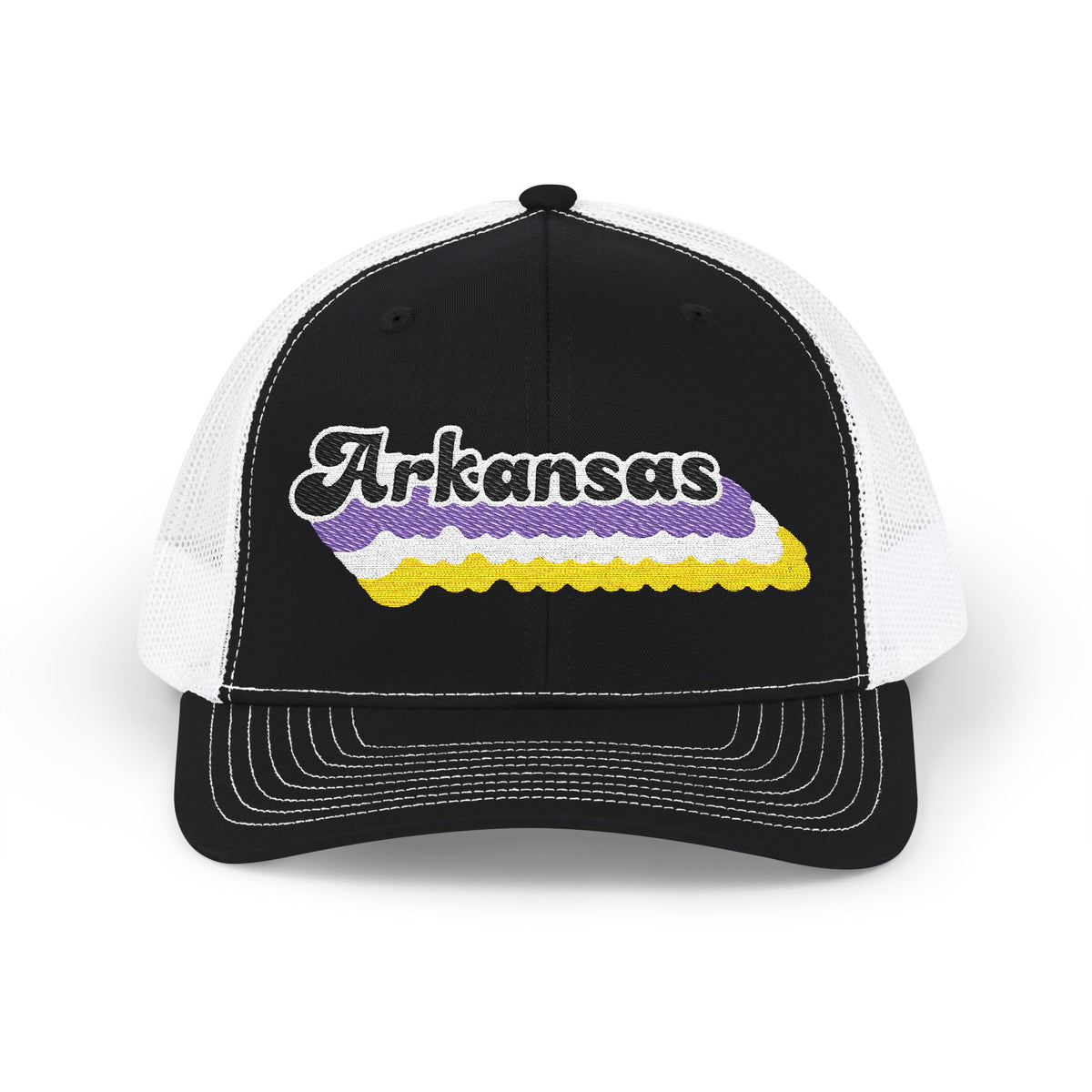 Arkansas Non-binary Pride Stack Embroidered Trucker, Snapback Trucker Cap, Black front with White mesh in back
