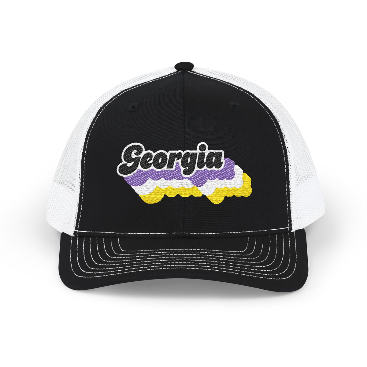 Georgia Non-binary Pride Stack Embroidered Trucker, Snapback Trucker Cap, Black front with White mesh in back