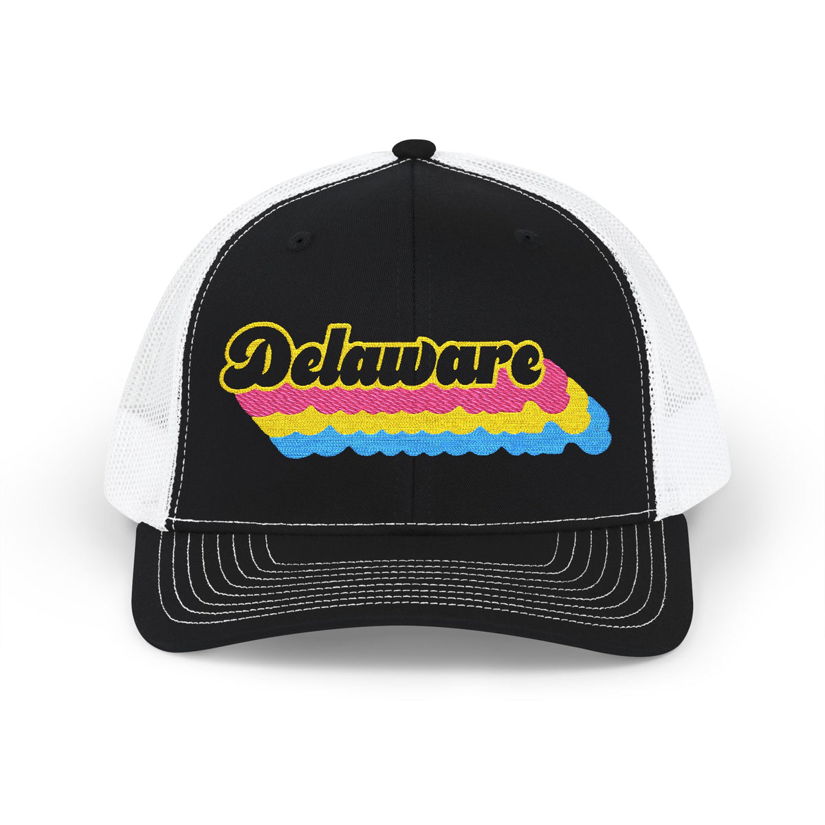 Delaware Pansexual Pride Stack Embroidered Trucker, Snapback Trucker Cap, Black front with White mesh in back