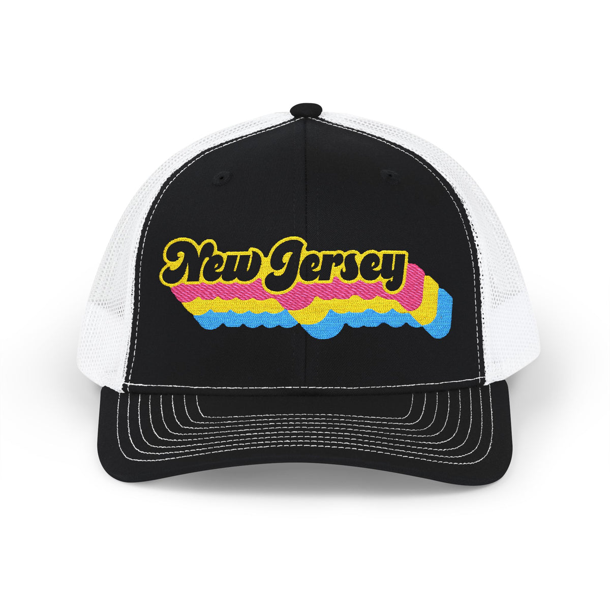 New Jersey Pansexual Pride Stack Embroidered Trucker, Snapback Trucker Cap, Black front with White mesh in back