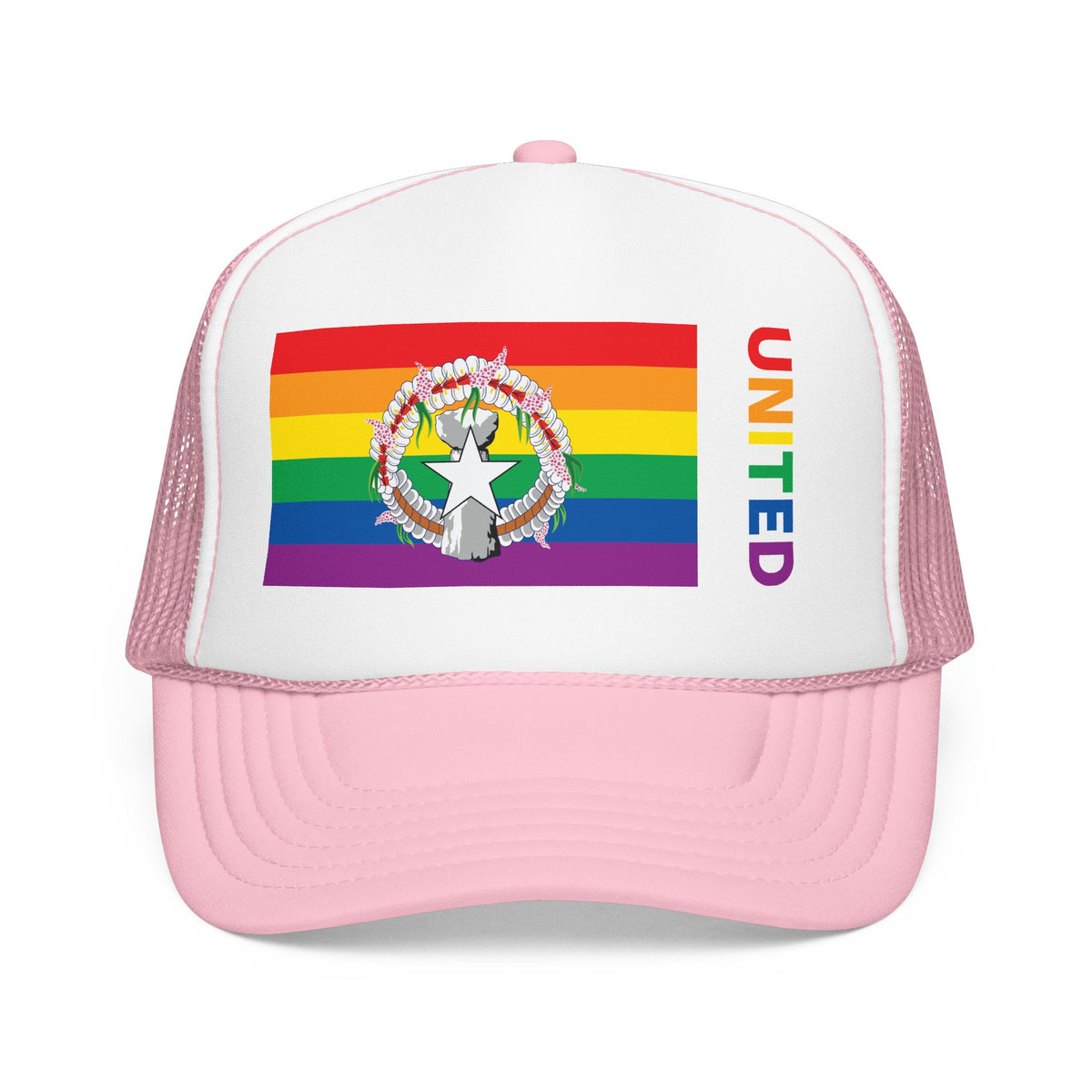 Northern Mariana Islands Rainbow Pride Flag "UNITED" Printed Foam Trucker Hat, Several Color Options