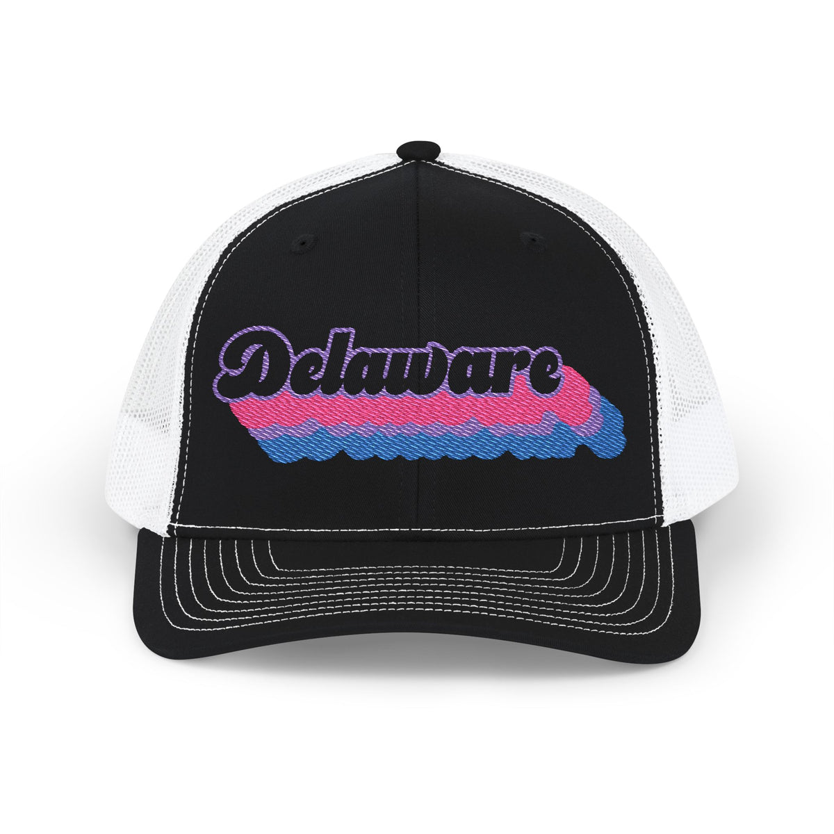 Delaware Bisexual Pride Stack Embroidered Trucker, Snapback Trucker Cap, Black front with White mesh in back