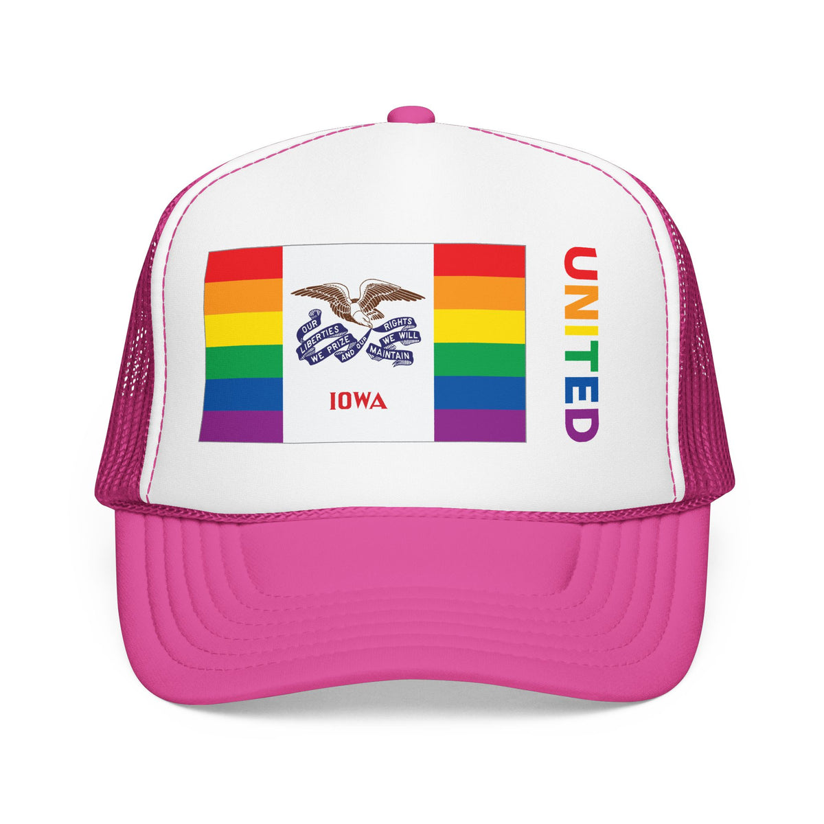 Iowa Rainbow Pride Flag "UNITED" Printed Foam Trucker Hat, Several Color Options