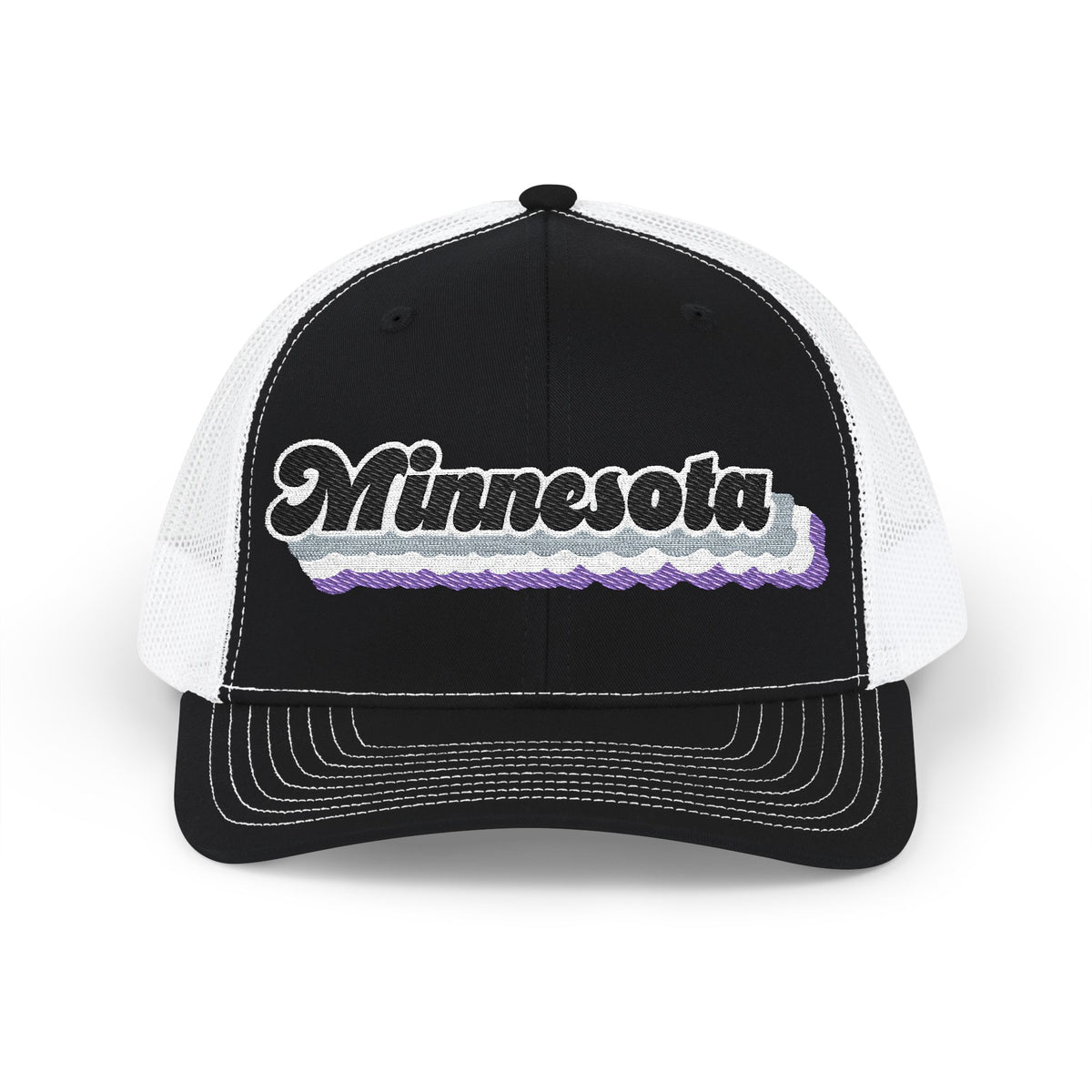Minnesota Asexual Pride Stack Embroidered Trucker, Snapback Trucker Cap, Black front with White mesh in back