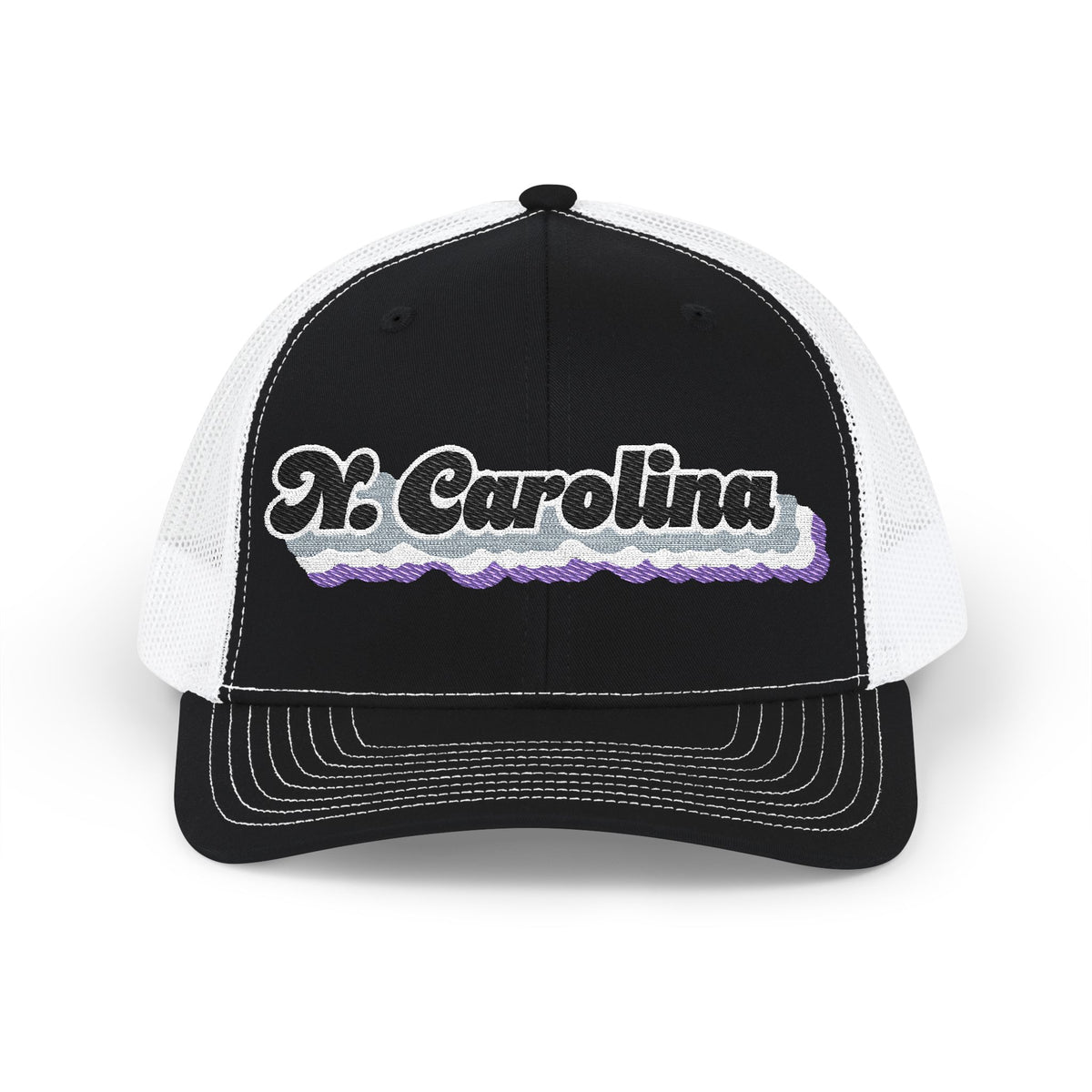 North Carolina Asexual Pride Stack Embroidered Trucker, Snapback Trucker Cap, Black front with White mesh in back