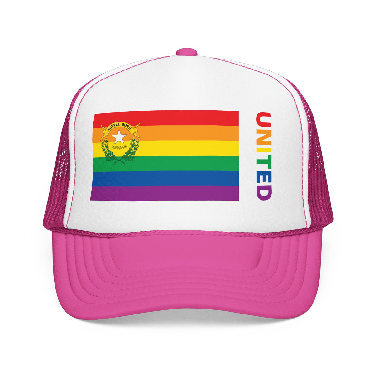 Nevada Rainbow Pride Flag "UNITED" Printed Foam Trucker Hat, Several Color Options