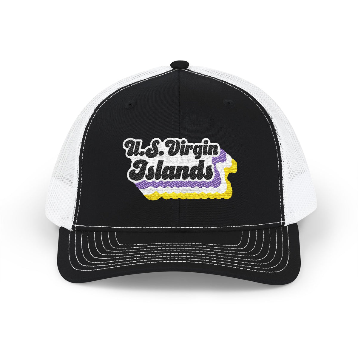 U.S. Virgin Islands Non-binary Pride Stack Embroidered Trucker, Snapback Trucker Cap, Black front with White mesh in back