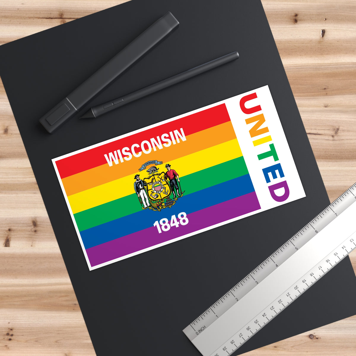 Wisconsin Rainbow Pride Flag "UNITED" Bumper Sticker