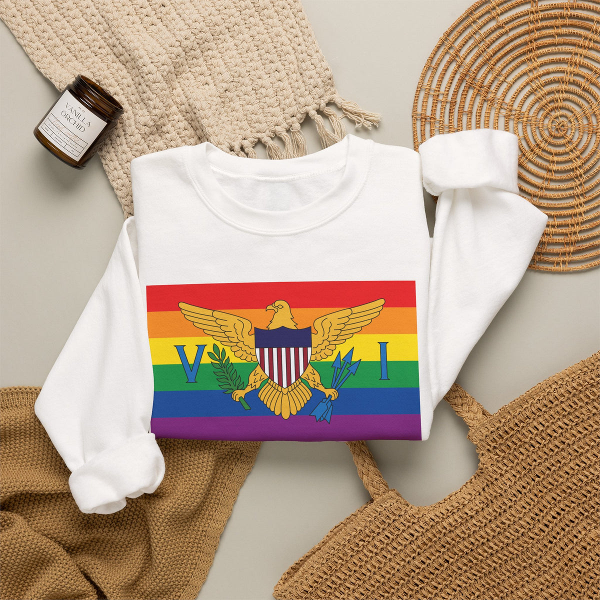 U.S. Virgin Islands Rainbow Pride Flag Unisex Crewneck Sweatshirt, White, Black or Light Pink