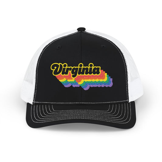 Virginia Retro Rainbow Stack Embroidered Trucker, Snapback Trucker Cap, Black front with White mesh in back