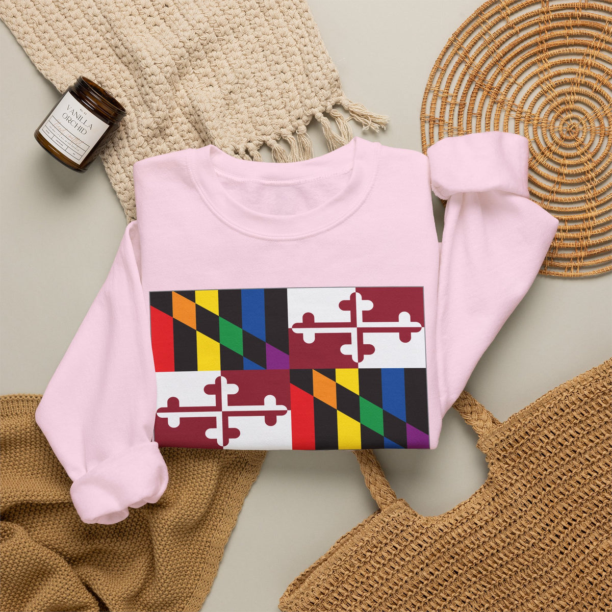 Maryland Rainbow Pride Flag Unisex Crewneck Sweatshirt, White, Black or Light Pink