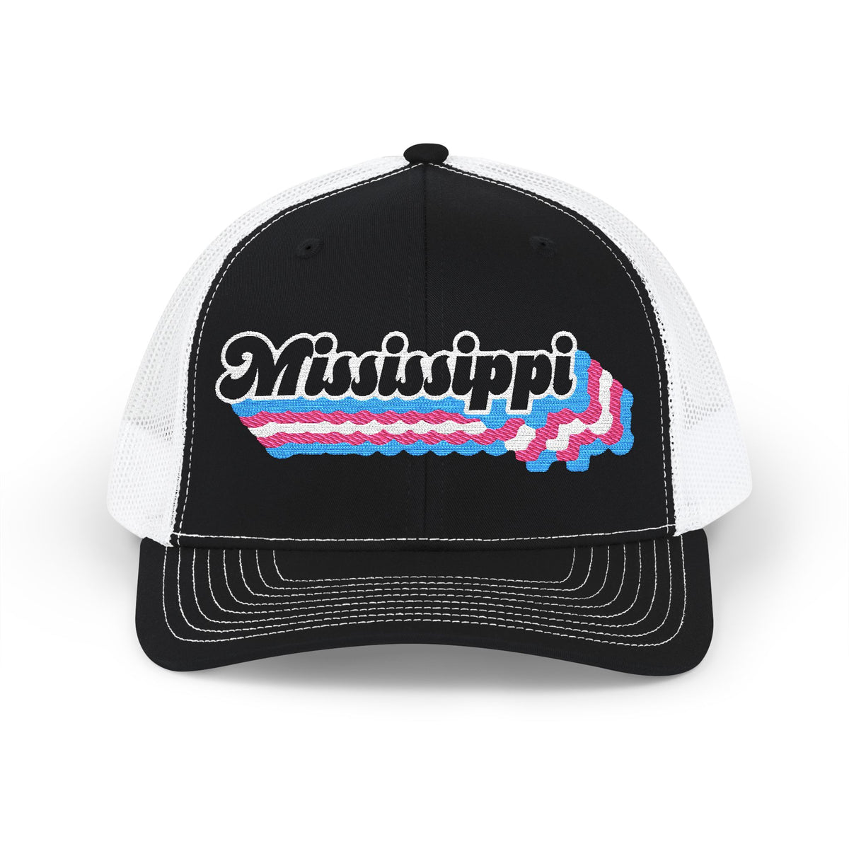 Mississippi Transgender Pride Stack Embroidered Trucker, Snapback Trucker Cap, Black front with White mesh in back