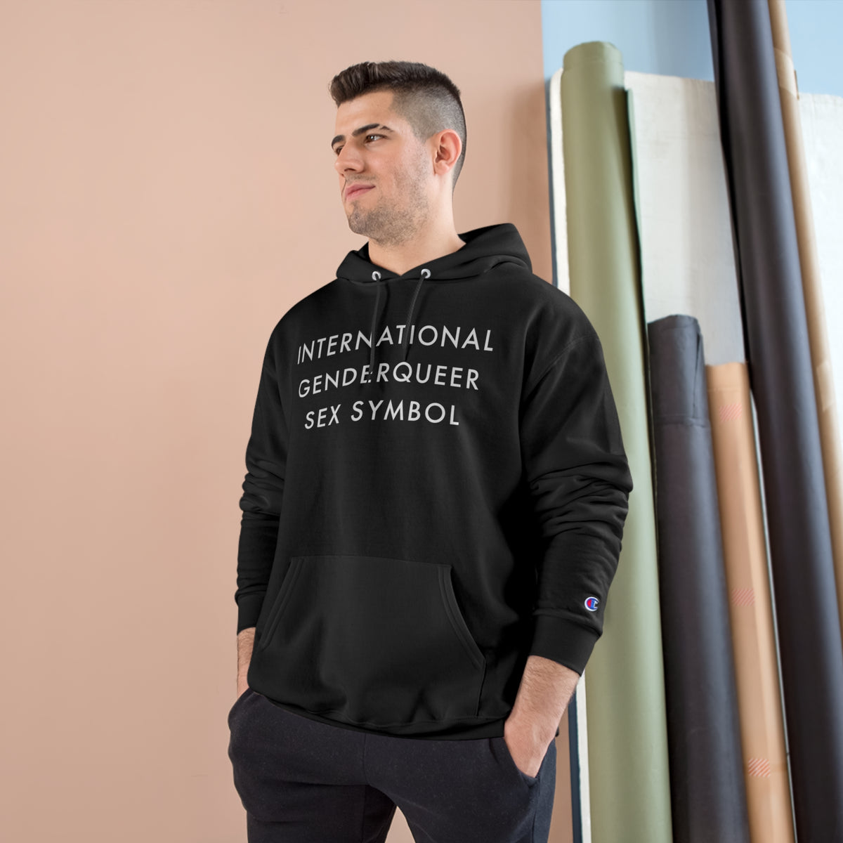 International GenderQueer Sex Symbol Hoodie (Champion®) - Black and Charcoal Heather with White Deco